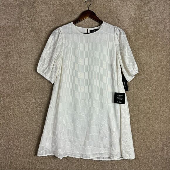 Lulus Check Up On It Shift Dress Size Small White/Gold Short Sleeve Metallic NEW - Picture 3 of 13